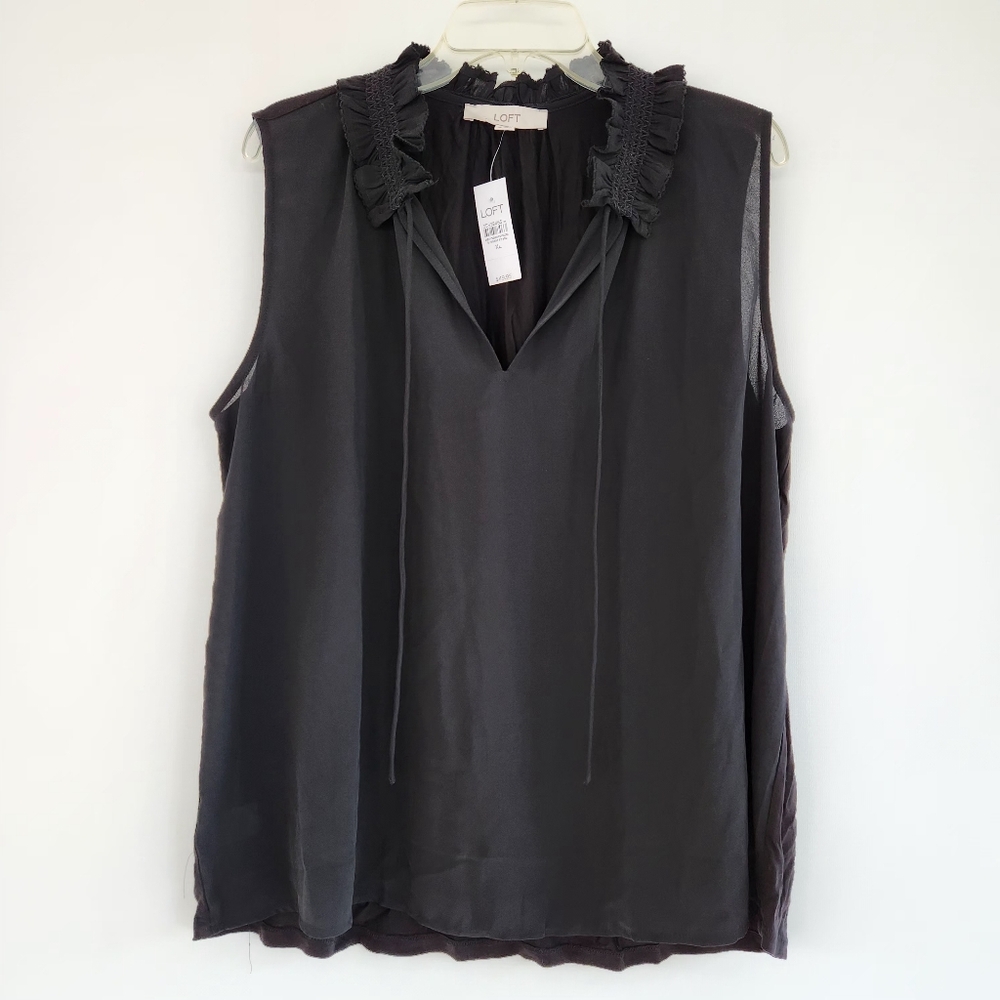 LOFT Women's Charcoal Sleeveless Blouse with Ruffle Detail